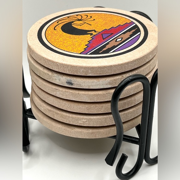 Set of 6 Coasters in Metal Holder Kokopelli Design 3.8 in - Picture 9 of 9